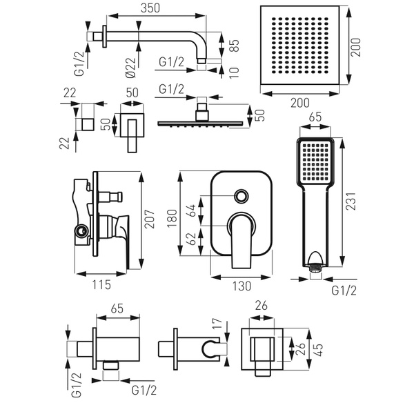 Душевая система со смесителем скрытого монтажа FERRO ALGEO SQUARE BAQ7P-SET1-S, SQUARE, хром 80000001725 фото