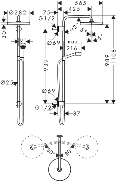 Showerpipe 280 1jet AXOR ONE 48790990, прихованого монтажу, золото 800005520 фото