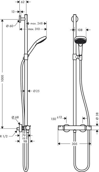 Душевой набор с термостатом HANSGROHE CROMA SELECT 27248400, хром с белым 56471 фото