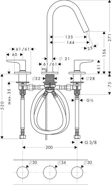 Смеситель для раковины AXOR CITTERIO M 34133000, на 3 отверстия, 160, с рычаговыми рукоятками, с отдельными розетками, с донным клапаном 39522 фото