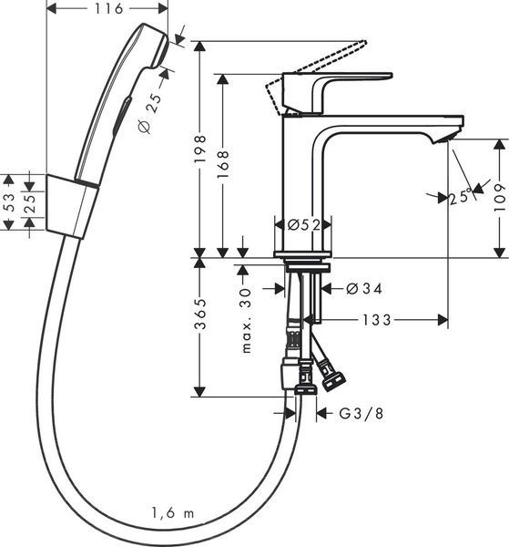 Змішувач для умивальника з гігієнчіним душем HANSGROHE REBRIS E 72216000 88364 фото