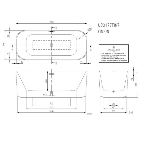 Ванна кварилова VILLEROY & BOCH FINION uBQ177FIN7A300V101, Gold Ring 170x70 Led designing, білий 63019 фото