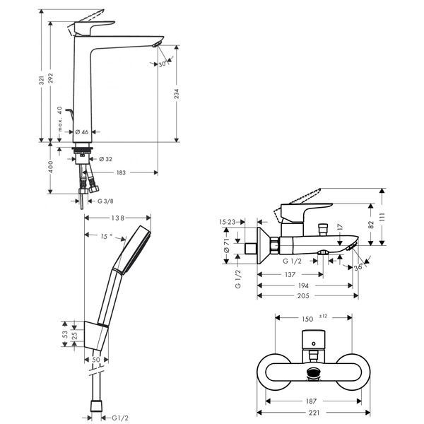 Набір змішувачів для ванни (71716670+71740670+24301670) HANSGROHE TALIS E 71740670U, чорний матовий 103340 фото