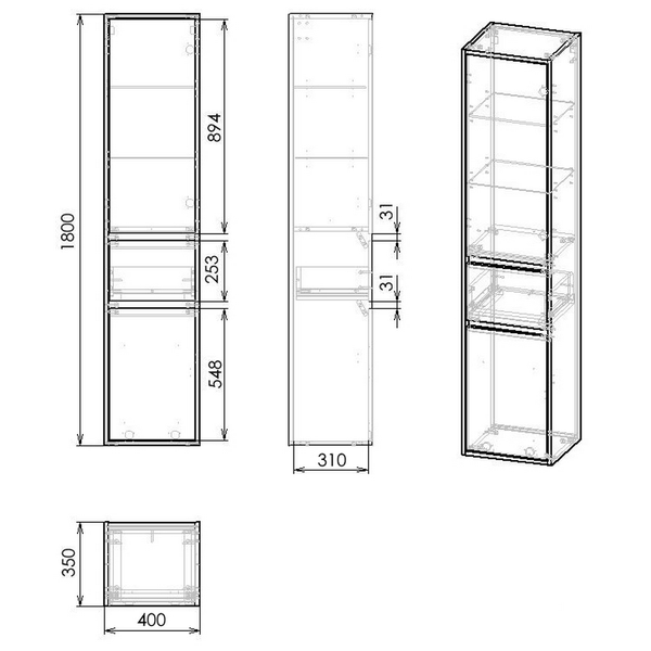 Пенал для ванної кімнати IMPRESE BILOVEC 180x40 f3263W, білий 76749 фото