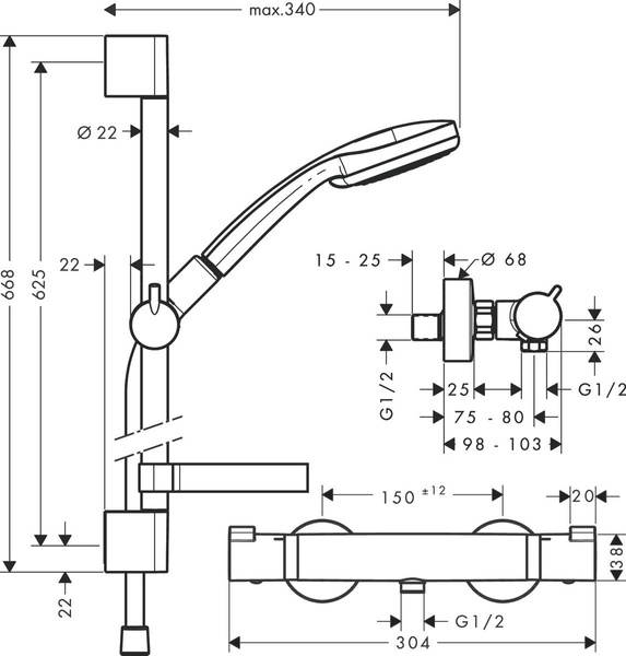 Душовий набір з термостатом і душовою штангою HANSGROHE CROMA 27034000 30973 фото