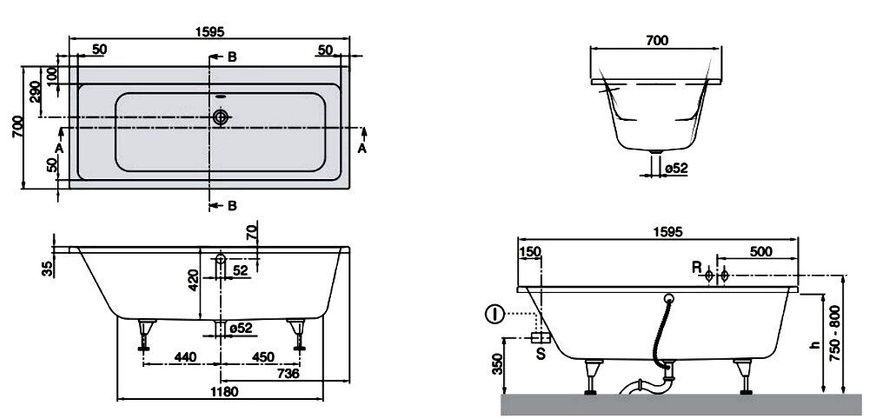 Ванна акрилова VILLEROY & BOCH SUBWAY UBA167SUB2V-01, 160x70, білий 44549 фото