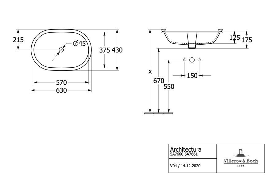 Умивальник під стільницю 57 см VILLEROY & BOCH ARCH ARCHITITECTURA 5A766001 97460 фото