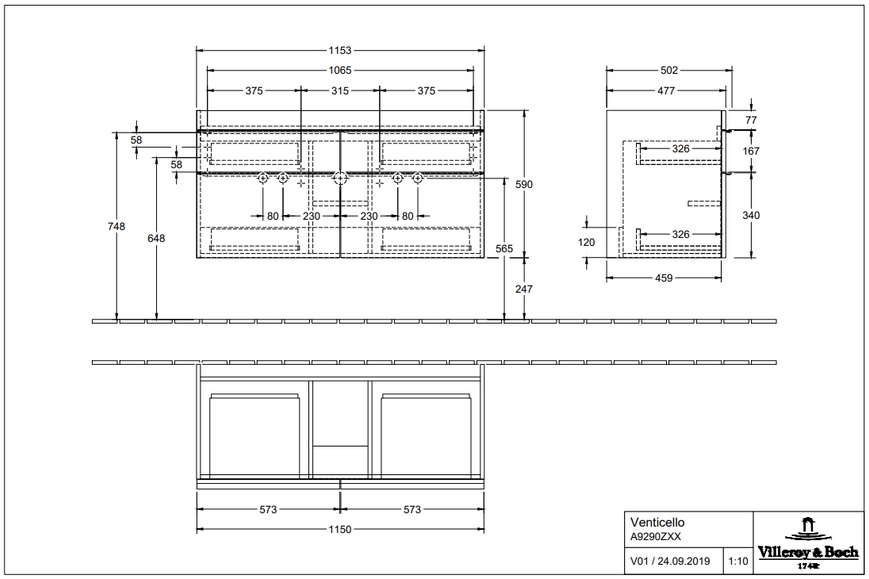 Тумба под раковину VILLEROY & BOCH VENTICELLO A92901FP, 1153x590x477 мм, сталь 65476 фото