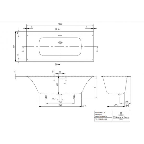 Ванна квариловая VILLEROY & BOCH SUBWAY 3.0 UBQ180SBW2DV-01, 180x80 см, белый 86536 фото