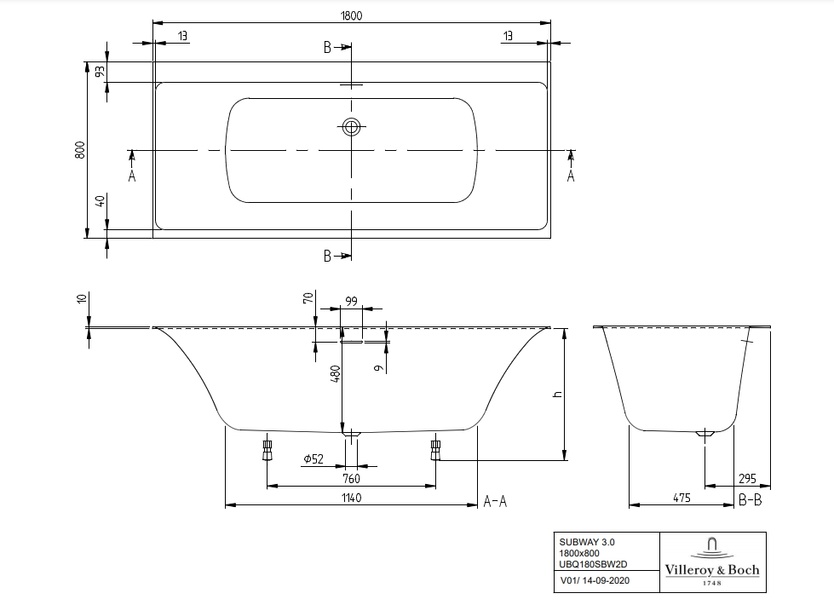 Ванна кварилова VILLEROY & BOCH SUBWAY 3.0 UBQ180SBW2DV-01, 180x80 см, білий 86536 фото