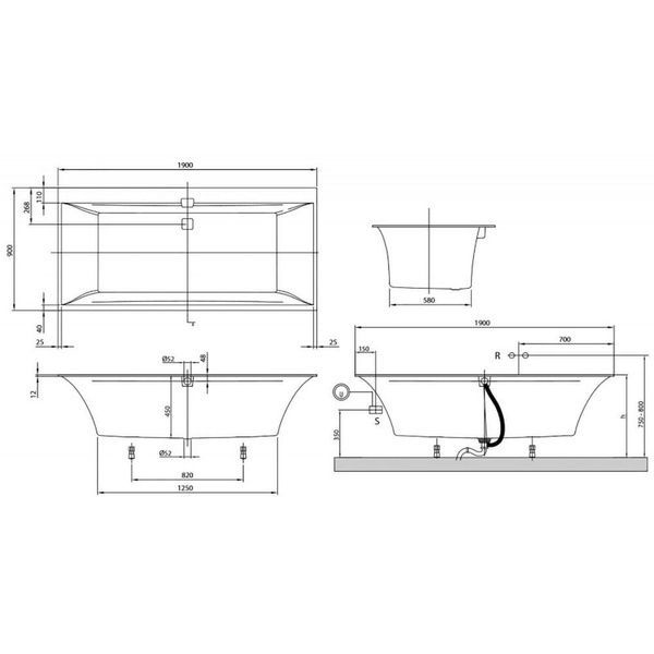 Ванна квариловая VILLEROY & BOCH SQUARO EDGE 12 UBQ190SQE2DV-01, 190x90, белый 52037 фото
