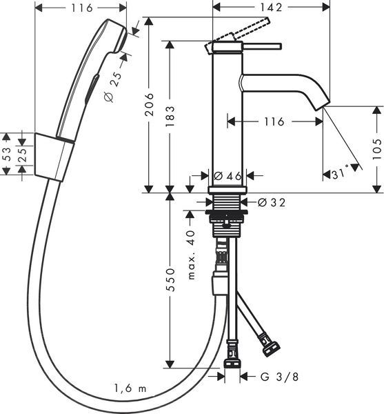 Змішувач для раковини з гігієнічним душем HANSGROHE TECTURIS S 73211670, чорний матовий 92488 фото