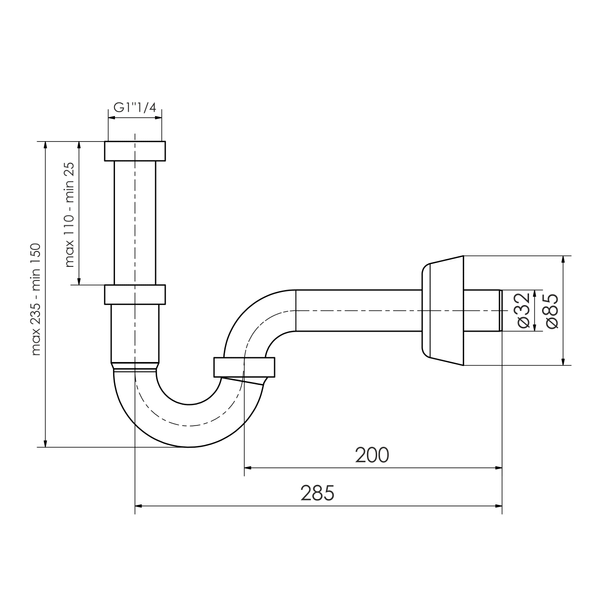 Сифон для умивальника без донного клапана 1 1/4", пластик хром, слив 200xD32 IMPRESE i-SEW d12600201S, хром 93388 фото