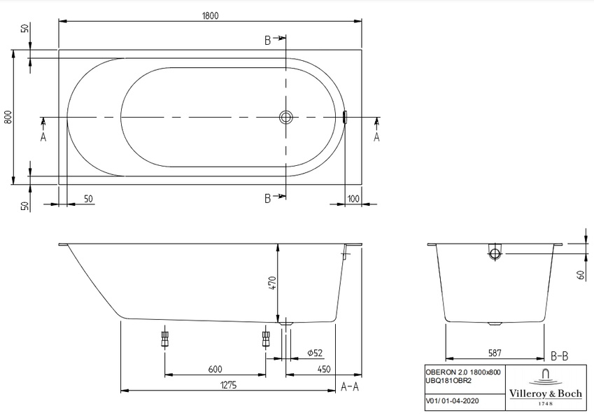 Ванна кварилова VILLEROY & BOCH OBERON 2.0 UBQ181OBR2DV-RW, 180x80 см, білий матовий 88982 фото