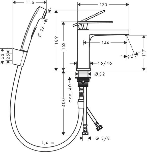 Смеситель для раковины с гигиеническим душем HANSGROHE TECTURIS E 73210000 96954 фото