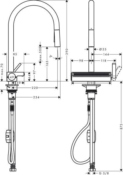 Смеситель для кухонной мойки с выдвижным душем HANSGROHE AQUNO SELECT M81 73837800, нержавеющая сталь 800003963 фото