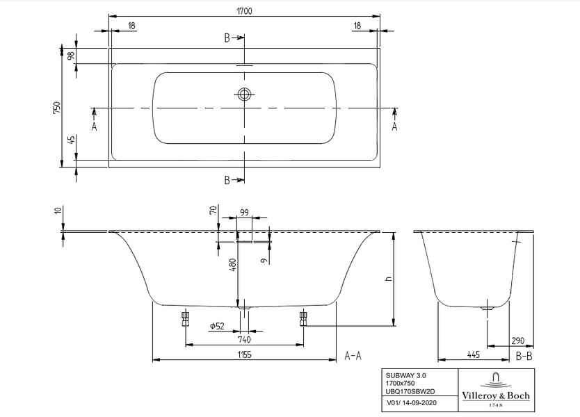 Ванна квариловая VILLEROY & BOCH SUBWAY 3.0 UBQ170SBW2DV-RW, 170x75 см, белый матовый 800005713 фото