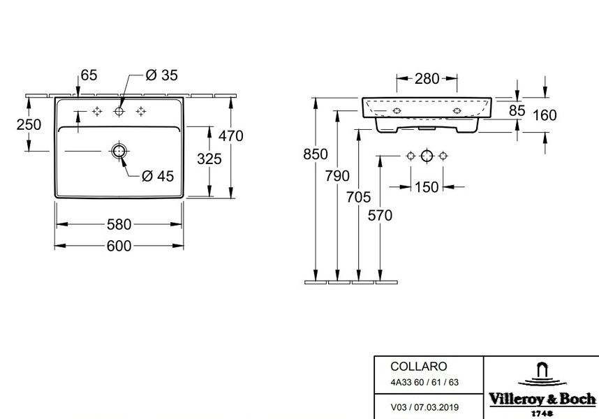 Умивальник підвісний VILLEROY & BOCH COLLARO 4A336301, 600x470 мм, білий 800005813 фото
