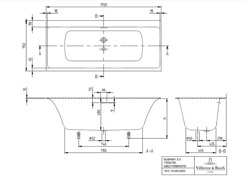 Ванна кварилова VILLEROY & BOCH SUBWAY 3.0 UBQ170SBW2TDV-01, 170x75 см, білий 95559 фото