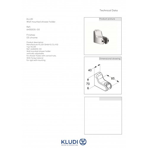 Тримач душової лійки KLUDI FRESHLINE 645520500, хром 80000001569 фото