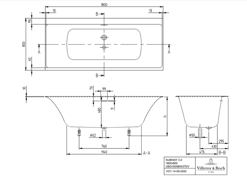 Ванна квариловая VILLEROY & BOCH SUBWAY 3.0 UBQ180SBW2TDV-RW, 180x80 см, белый матовый 800005716 фото