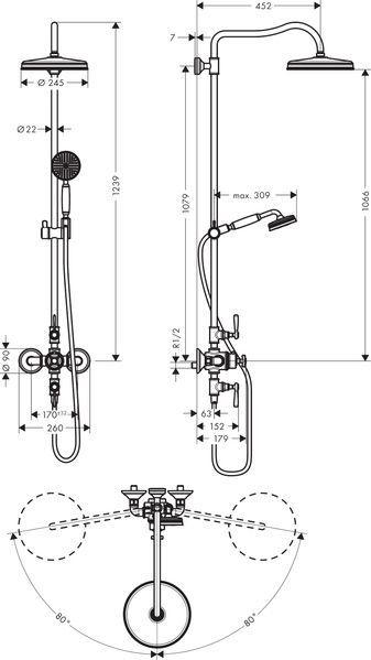 Showerpipe з термостатом і верхнім душем 240 1jet AXOR MONTREUX 16572820, нікель 800005198 фото