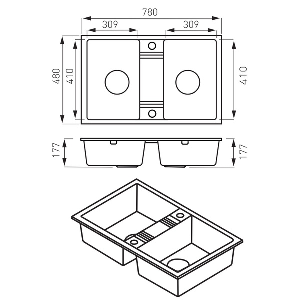 Мойка для кухни на 2 чаши FERRO MEZZO II DRGM2/48/78BA, 48x78 BA, графит 80000002099 фото