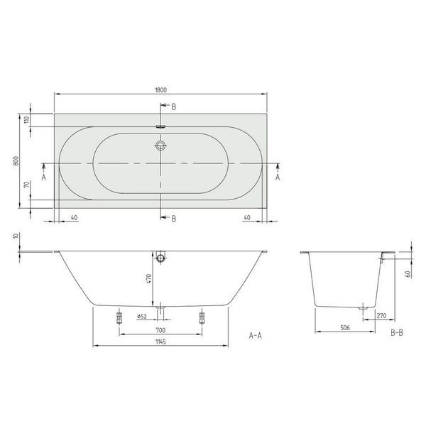 Ванна квариловая VILLEROY & BOCH OBERON 2.0 UBQ180OBR2DV-01, 180x80, белый 71297 фото