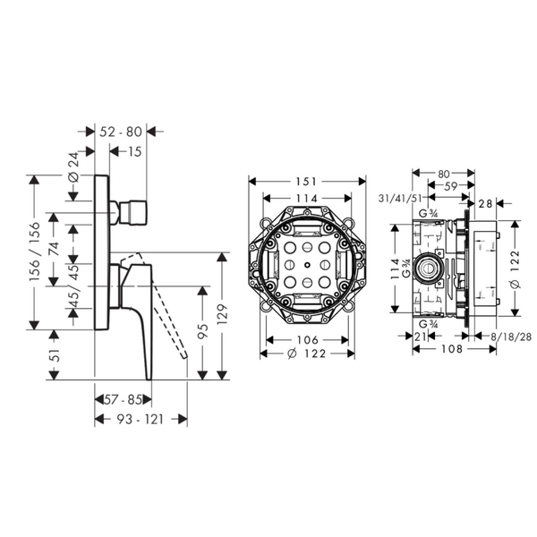 Смеситель для ванны со скрытой частью HANSGROHE METROPOL 74545000+01800180, хром 102001 фото
