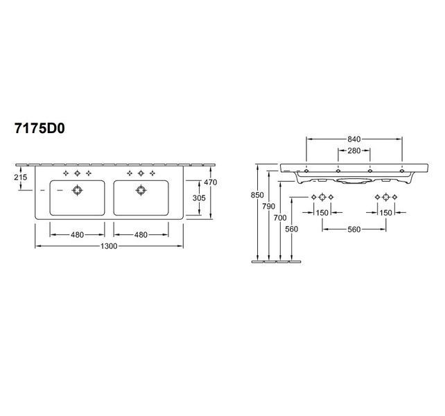 Умивальник підвісний VILLEROY & BOCH SUBWAY 2.0 7175D001, 1300x470, білий 38932 фото