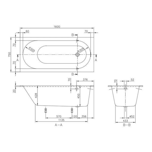 Ванна квариловая VILLEROY & BOCH OBERON UBQ160OBE2V-01, 160x75, белый 39627 фото