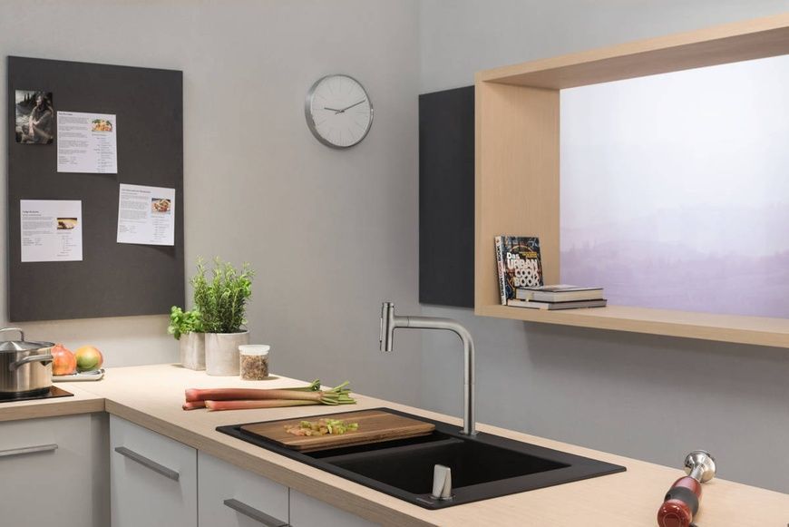 Змішувач для кухонної мийки з висувним душем HANSGROHE METRIS 73818800, нержавіюча сталь 85612 фото