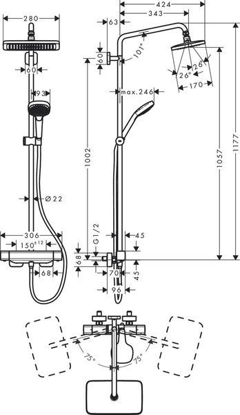 Душова система з термостатом HANSGROHE CROMA 27630000, хром 68382 фото