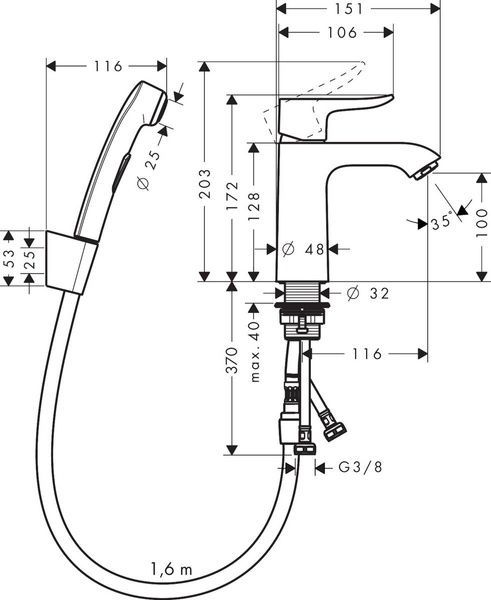 Смеситель для раковины с гигиеническим душем и сливной клапан HANSGROHE METRIS 31285000 29140 фото
