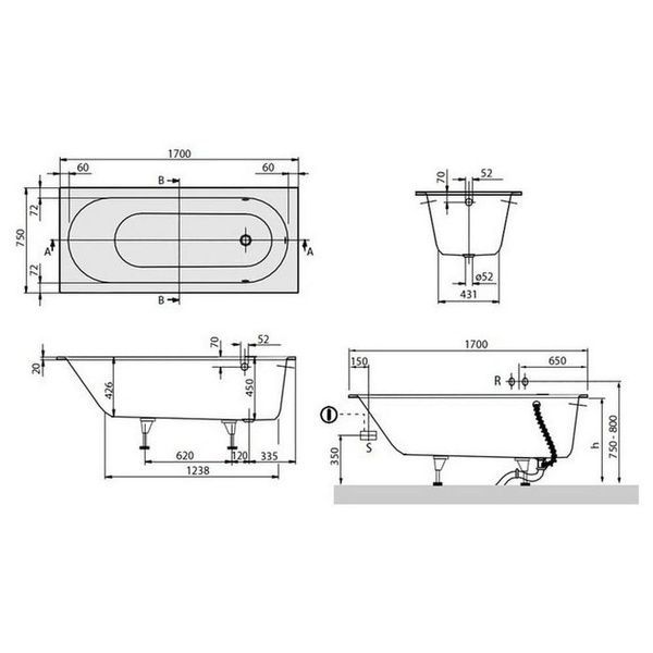 Ванна квариловая VILLEROY & BOCH OBERON UBQ170OBE2V-01, 170x75, белый 7257 фото