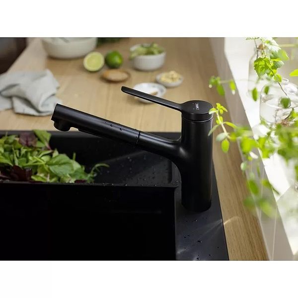 Змішувач з висувним виливом для кухонної мийки HANSGROHE ZESIS M33 74820670, чорний матовий 800004176 фото