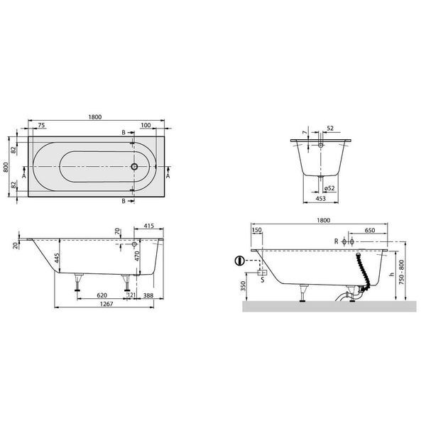 Ванна квариловая VILLEROY & BOCH OBERON UBQ180OBE2V-01, 180x80, белый 31775 фото