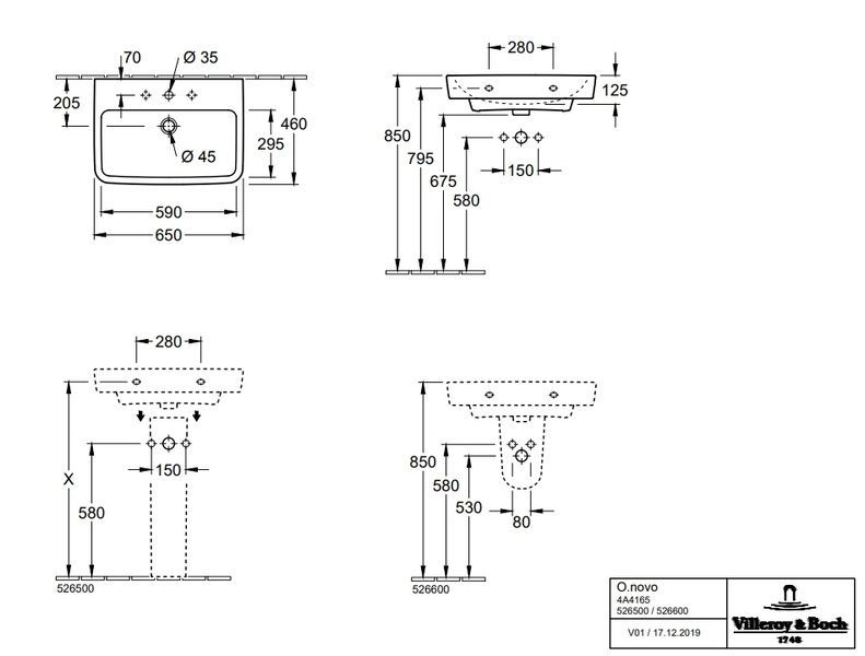Умивальник підвісний VILLEROY & BOCH O.NOVO 4A416501, 65x46, білий 800005825 фото