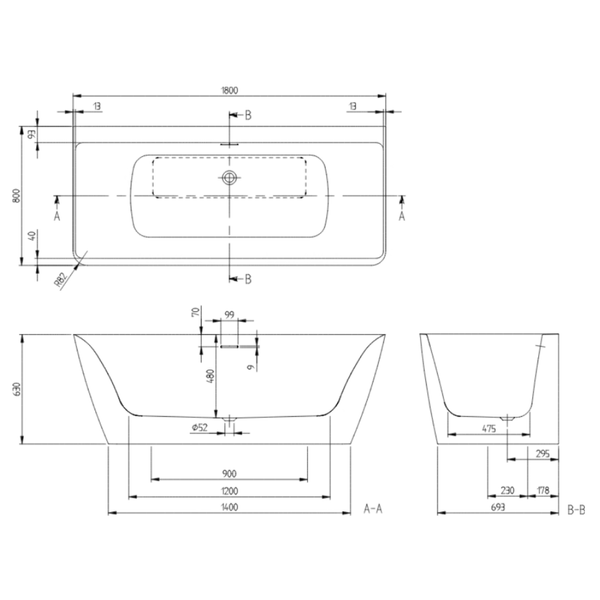 Ванна каменная 180Х80 с ножками, панелью, сифоном VILLEROY & BOCH SUBWAY 3.0 UBQ180SBW9CS00V-01 101275 фото