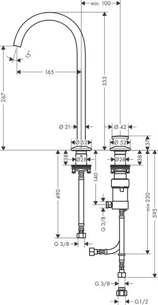 Змішувач для раковини AXOR ONE 48060140, на 2 отвори, Select 260, з донним клапаном Push-Open, бронза 800005114 фото