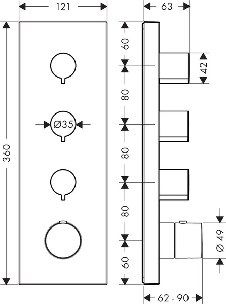 Модуль термостата AXOR SHOWER SOLUTIONS 10751000, 360/120, для 3 споживачів, прихованого монтажу 12939 фото